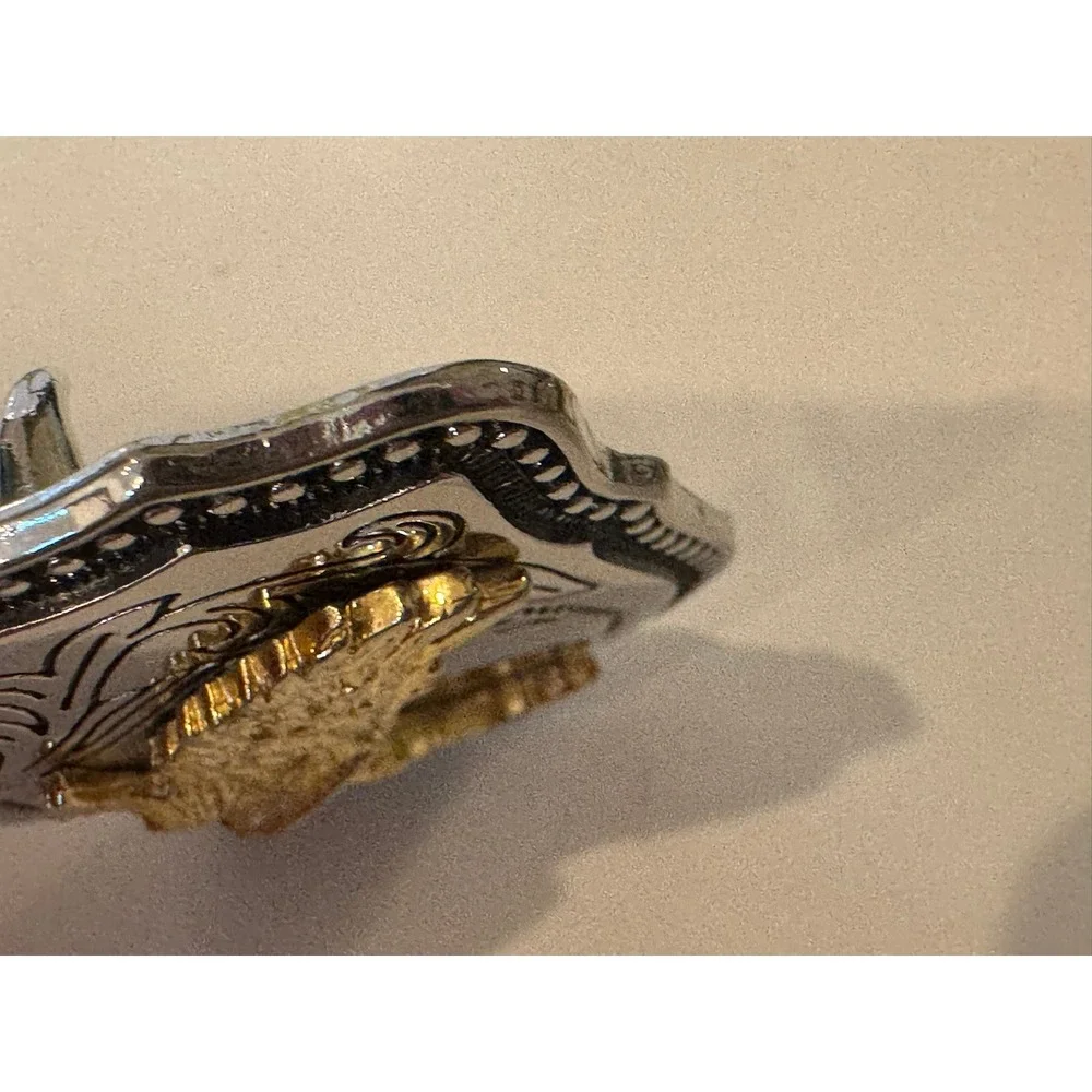 Western Soaring Eagle Belt Buckle Gold Silver Tone Scalloped Scrollwork Mens